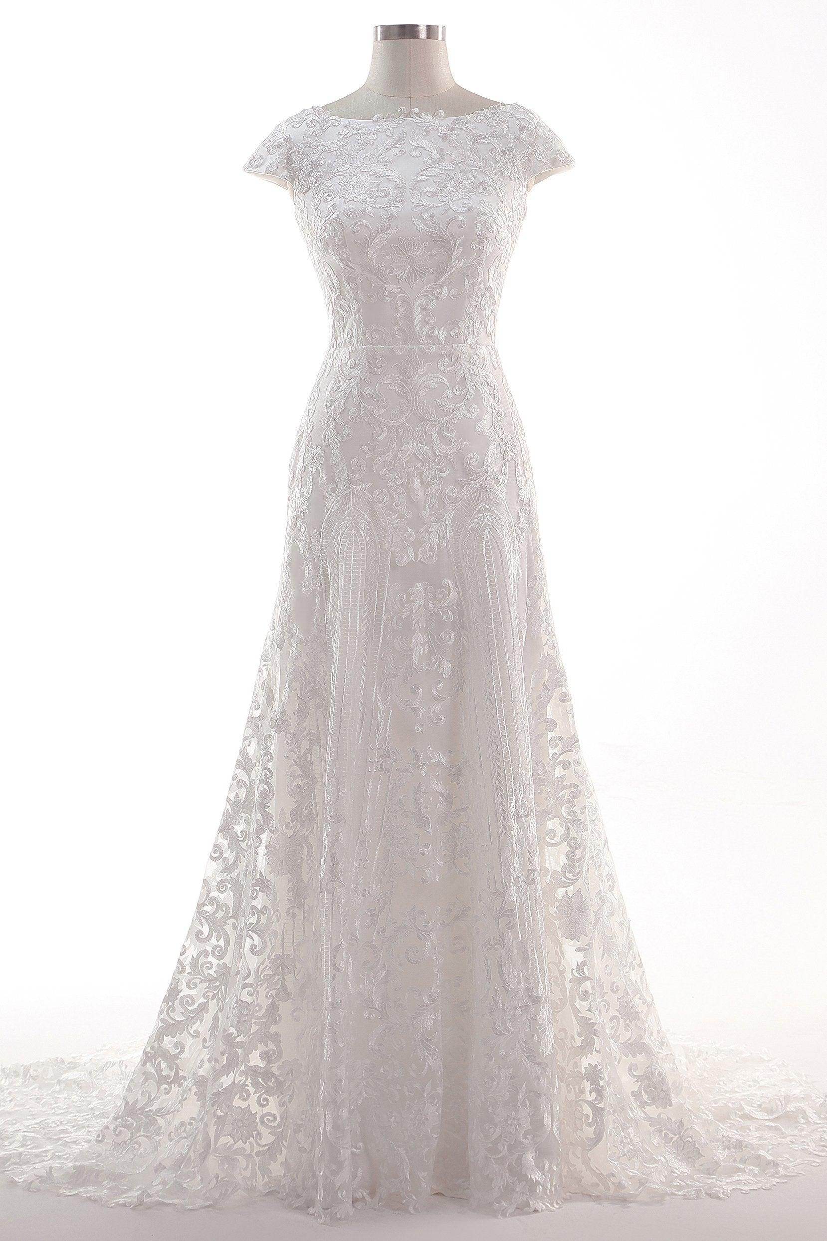 Sheath-Column Sweep Train Tulle Lace Wedding Dress CW2457 - COCOMELODY
